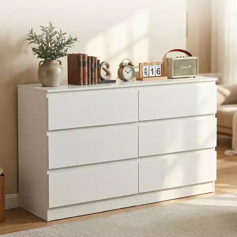 Comò bianco a 6 cassetti, comò moderno per camera da letto con piano spazioso, mobile in legno con maniglie a scomparsa e 6 cassetti profondi per camera da letto
