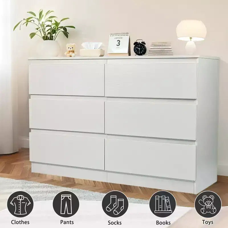Comò bianco a 6 cassetti, comò moderno per camera da letto con piano spazioso, mobile in legno con maniglie a scomparsa e 6 cassetti profondi per camera da letto