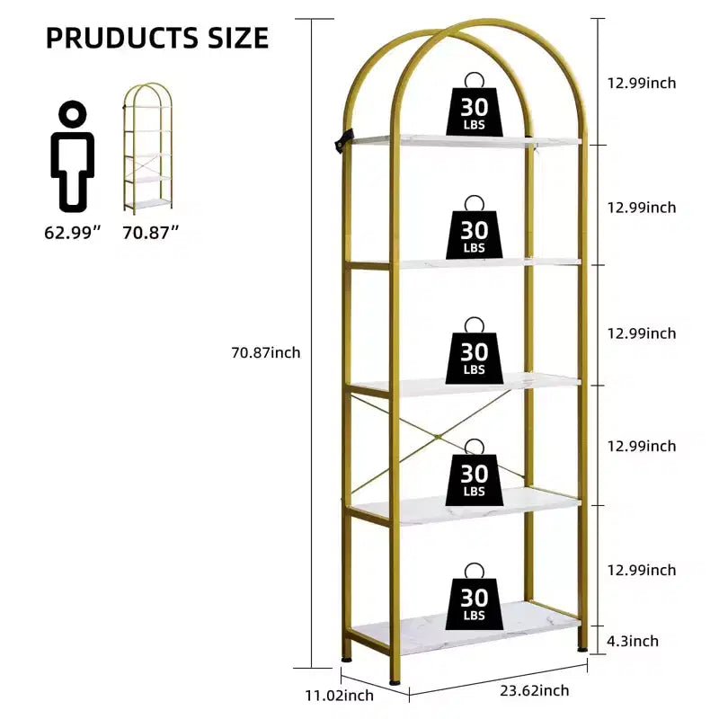 Libreria moderna a 5 ripiani ad arco - Scaffale in metallo con ampi ripiani aperti in legno, Espositore per soggiorno, camera da letto e ufficio