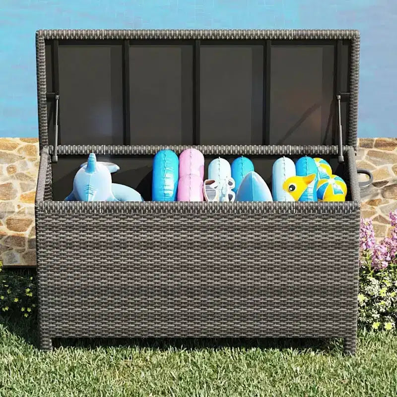 Baule da esterno con ruote, in rattan PE impermeabile, grande contenitore da giardino per patio e bordo piscina