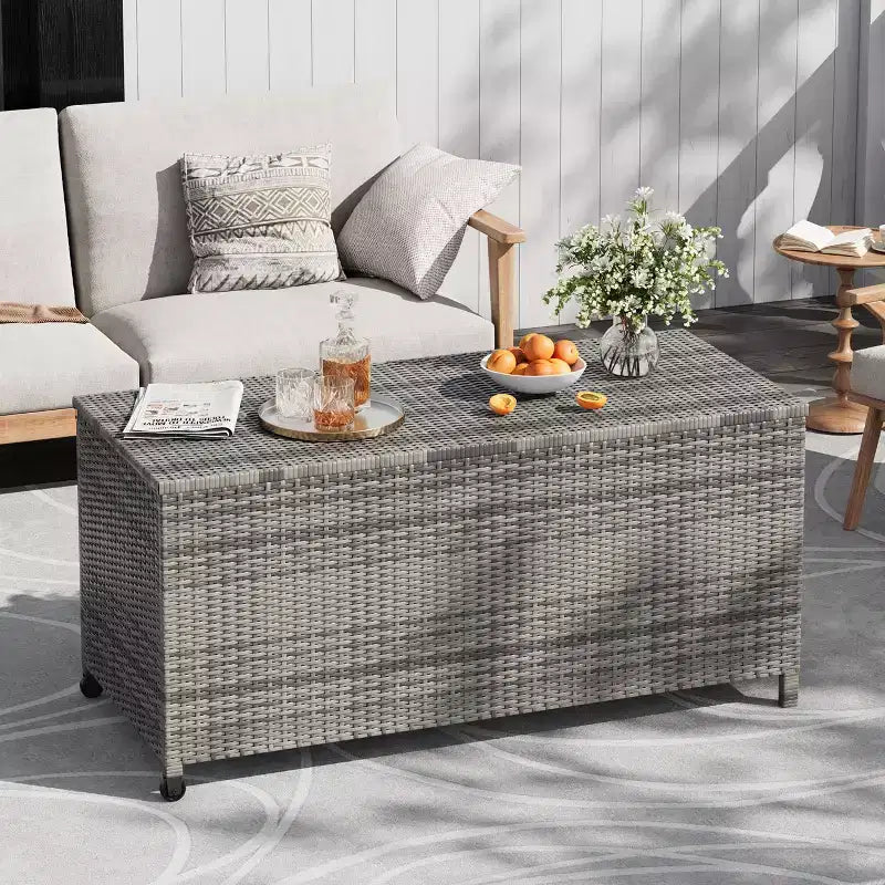 Baule da esterno con ruote, in rattan PE impermeabile, grande contenitore da giardino per patio e bordo piscina