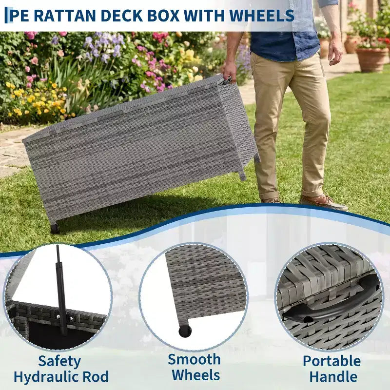 Baule da esterno con ruote, in rattan PE impermeabile, grande contenitore da giardino per patio e bordo piscina