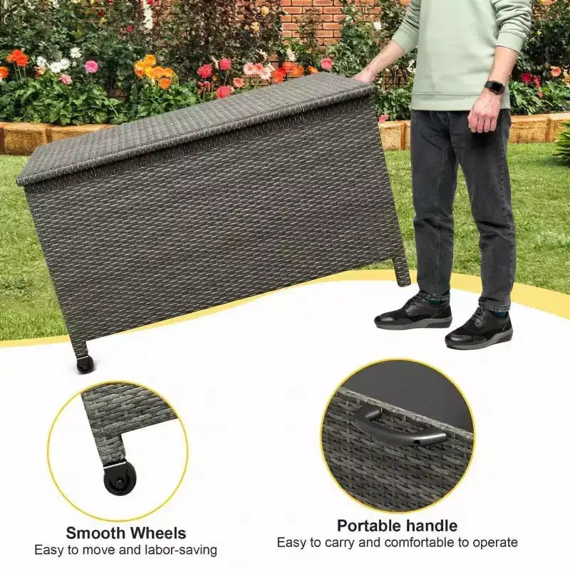 Baule da esterno con ruote, in rattan PE impermeabile, grande contenitore da giardino per patio e bordo piscina