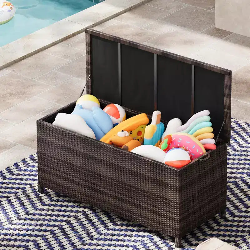 Baule da esterno con ruote, in rattan PE impermeabile, grande contenitore da giardino per patio e bordo piscina
