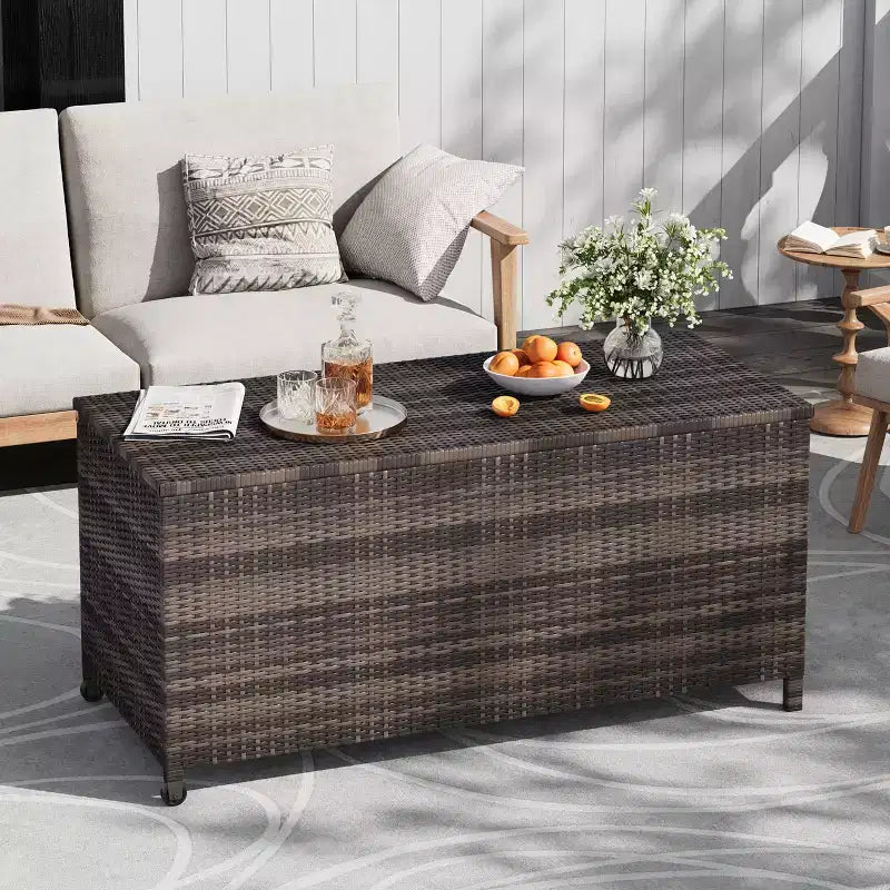 Baule da esterno con ruote, in rattan PE impermeabile, grande contenitore da giardino per patio e bordo piscina