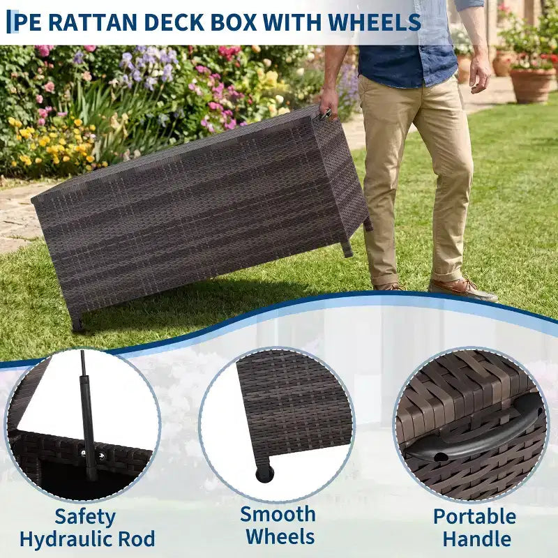 Baule da esterno con ruote, in rattan PE impermeabile, grande contenitore da giardino per patio e bordo piscina
