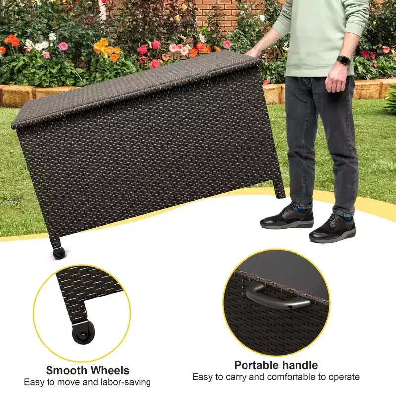 Baule da esterno con ruote, in rattan PE impermeabile, grande contenitore da giardino per patio e bordo piscina