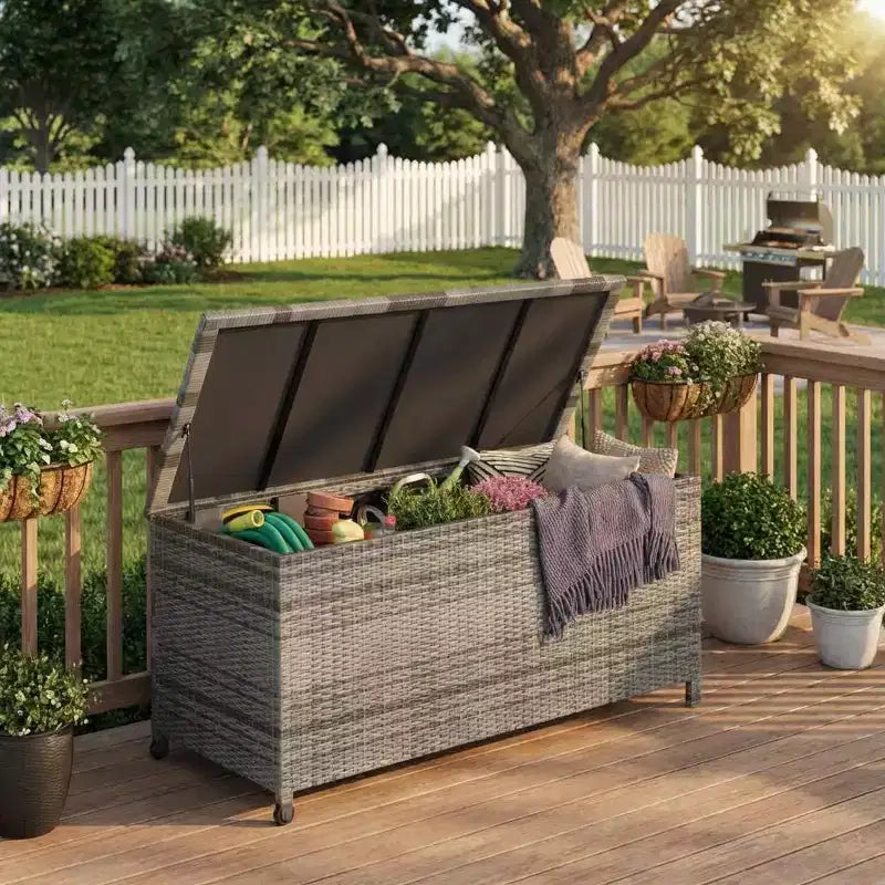 Baule da esterno con ruote, in rattan PE impermeabile, grande contenitore da giardino per patio e bordo piscina