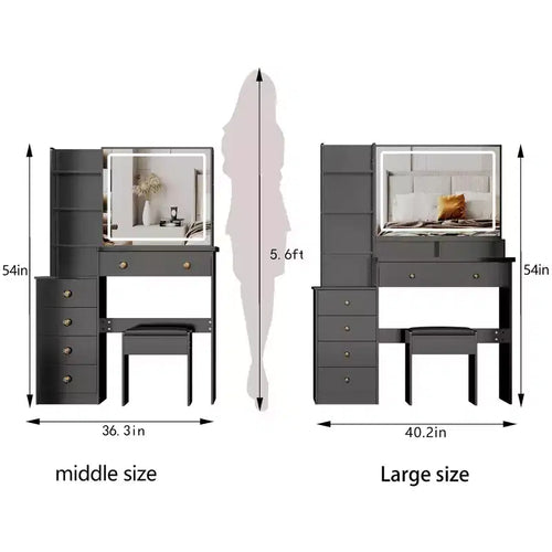 Tavolo da Trucco da 104 cm con Specchio a LED Touch-Control, Mobiletto Contenitore, Mobile Laterale e Sgabello Abbinato per Camera da Letto