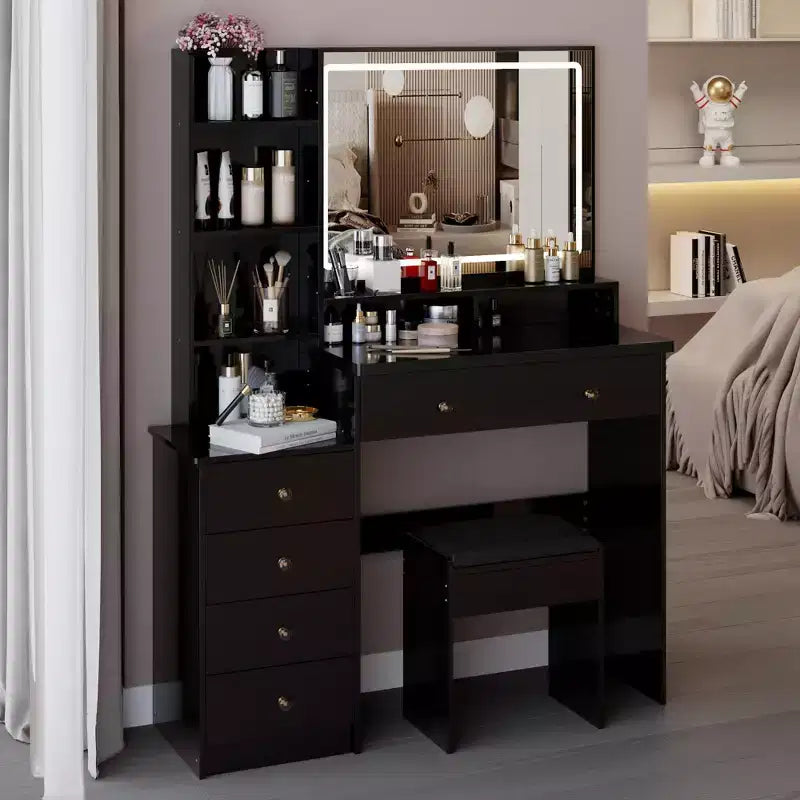 Tavolo da Trucco da 104 cm con Specchio a LED Touch-Control, Mobiletto Contenitore, Mobile Laterale e Sgabello Abbinato per Camera da Letto
