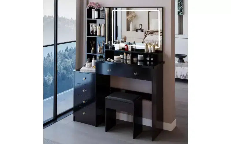 Tavolo da Trucco da 104 cm con Specchio a LED Touch-Control, Mobiletto Contenitore, Mobile Laterale e Sgabello Abbinato per Camera da Letto