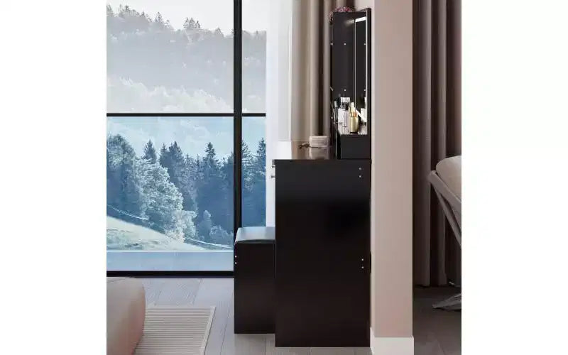 Tavolo da Trucco da 104 cm con Specchio a LED Touch-Control, Mobiletto Contenitore, Mobile Laterale e Sgabello Abbinato per Camera da Letto