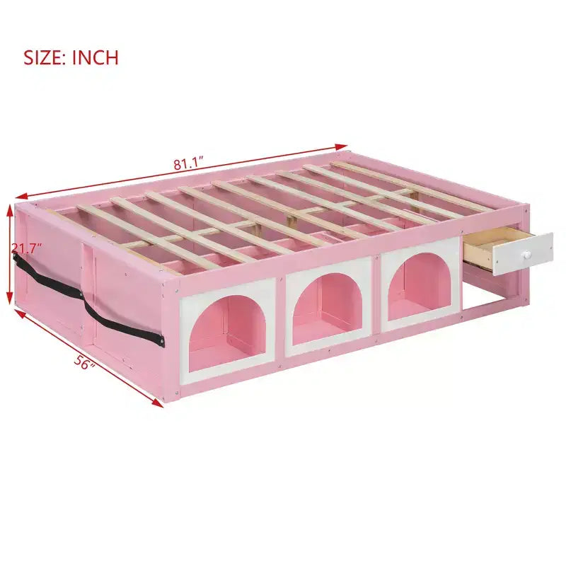 Letto a piattaforma in legno con libreria a pedana, mobiletto con display a LED e cassetto portaoggetti