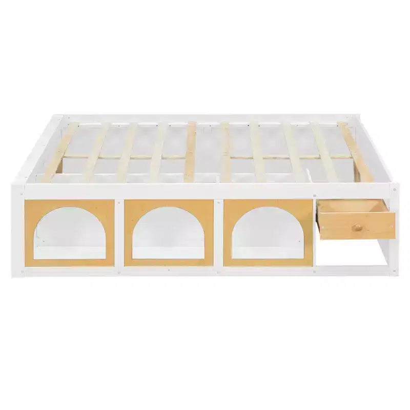 Letto a piattaforma in legno con libreria a pedana, mobiletto con display a LED e cassetto portaoggetti