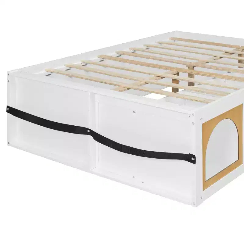Letto a piattaforma in legno con libreria a pedana, mobiletto con display a LED e cassetto portaoggetti