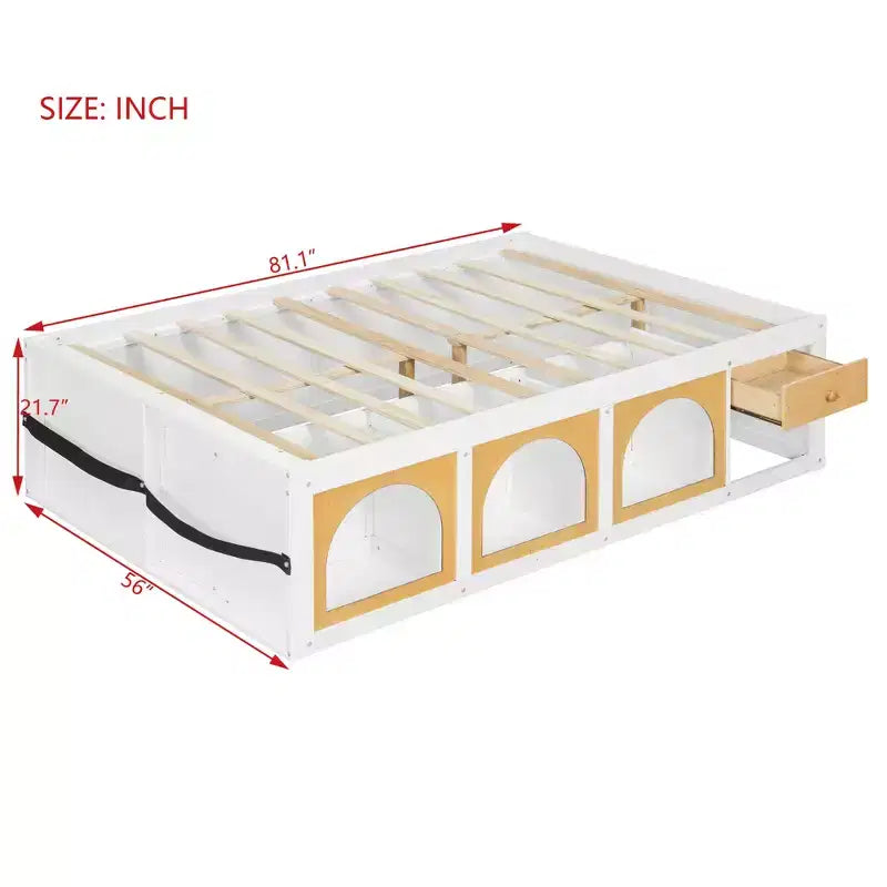 Letto a piattaforma in legno con libreria a pedana, mobiletto con display a LED e cassetto portaoggetti