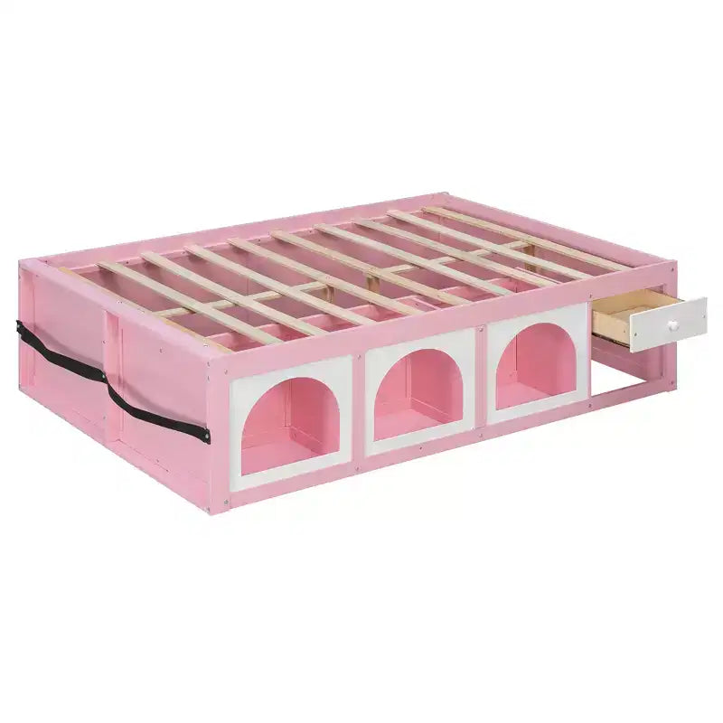 Letto a piattaforma in legno con libreria a pedana, mobiletto con display a LED e cassetto portaoggetti