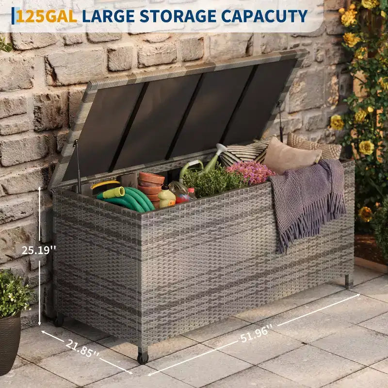 Cesto portaoggetti in rattan con ruote, coperchio in PP e rivestimento con cerniera, per patio, piscina, giardino