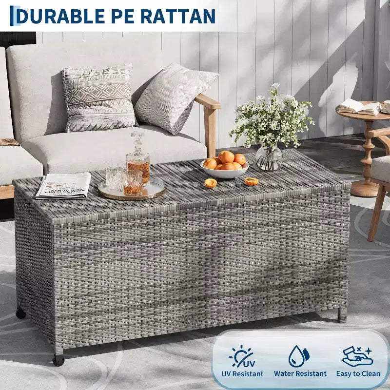 Cesto portaoggetti in rattan con ruote, coperchio in PP e rivestimento con cerniera, per patio, piscina, giardino