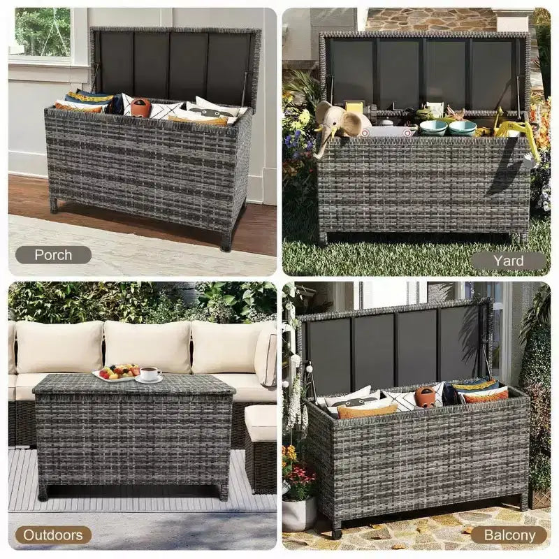Cesto portaoggetti in rattan con ruote, coperchio in PP e rivestimento con cerniera, per patio, piscina, giardino
