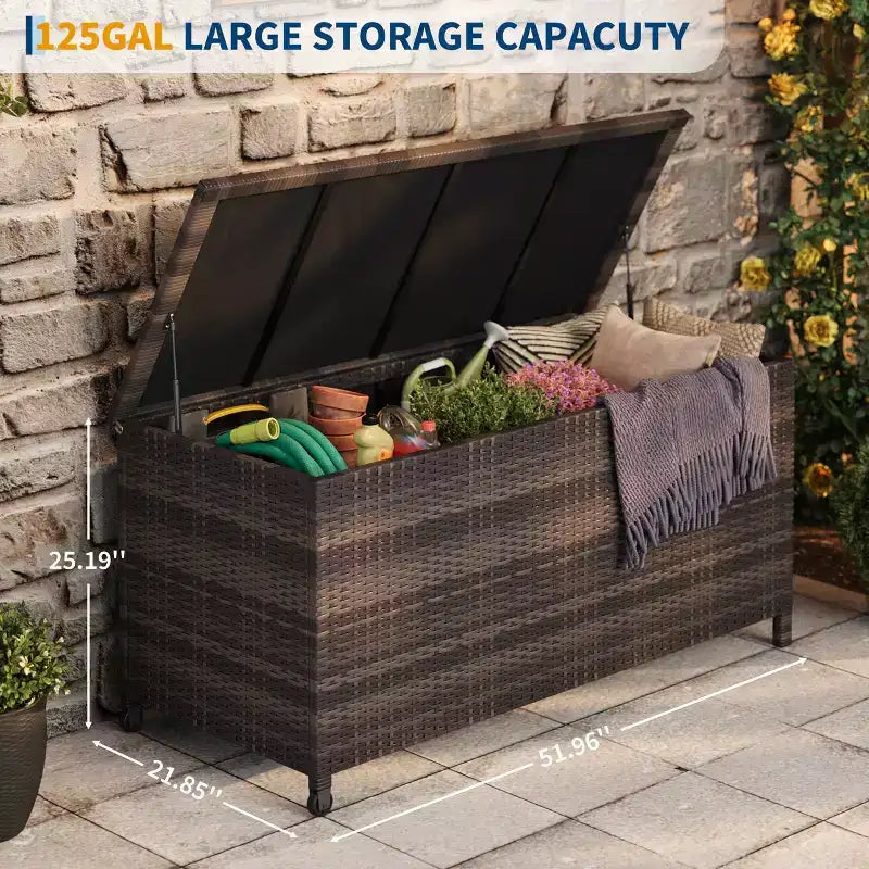 Cesto portaoggetti in rattan con ruote, coperchio in PP e rivestimento con cerniera, per patio, piscina, giardino