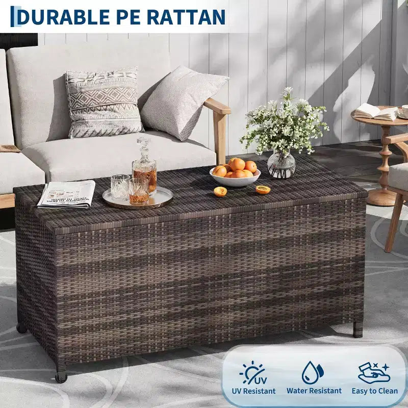 Cesto portaoggetti in rattan con ruote, coperchio in PP e rivestimento con cerniera, per patio, piscina, giardino