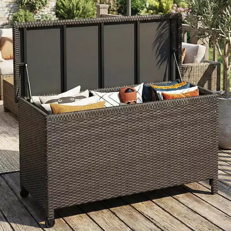 Cesto portaoggetti in rattan con ruote, coperchio in PP e rivestimento con cerniera, per patio, piscina, giardino