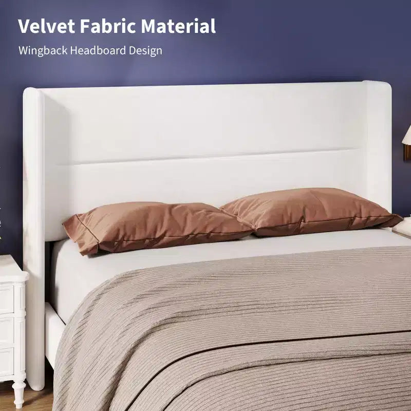 Struttura Letto a Piattaforma in Velluto con Testiera Trapuntata con Ali, Doghe in Legno, Nessun Box Spring Necessario