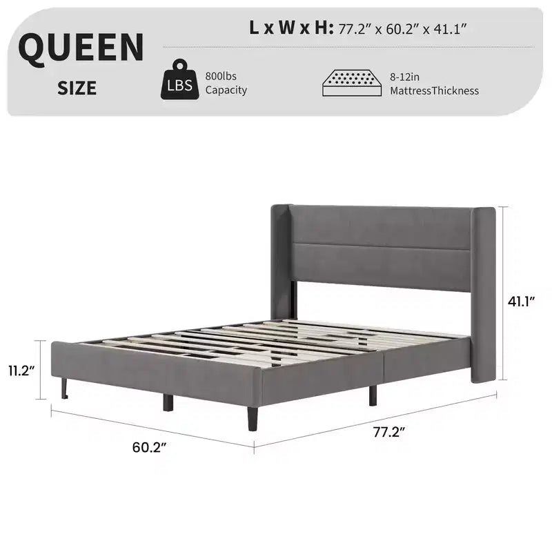 Struttura Letto a Piattaforma in Velluto con Testiera Trapuntata con Ali, Doghe in Legno, Nessun Box Spring Necessario