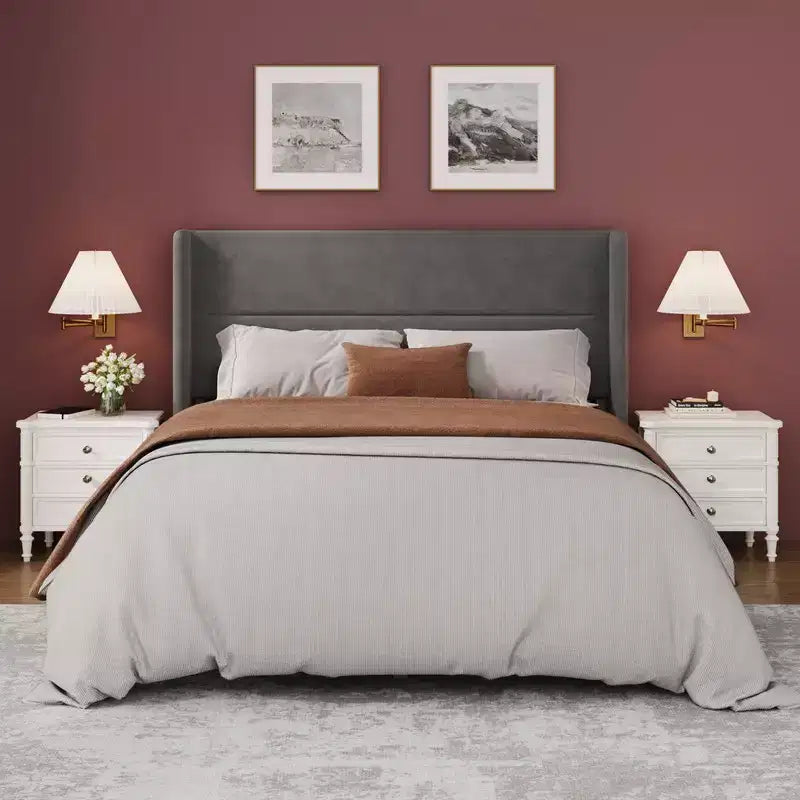 Struttura Letto a Piattaforma in Velluto con Testiera Trapuntata con Ali, Doghe in Legno, Nessun Box Spring Necessario