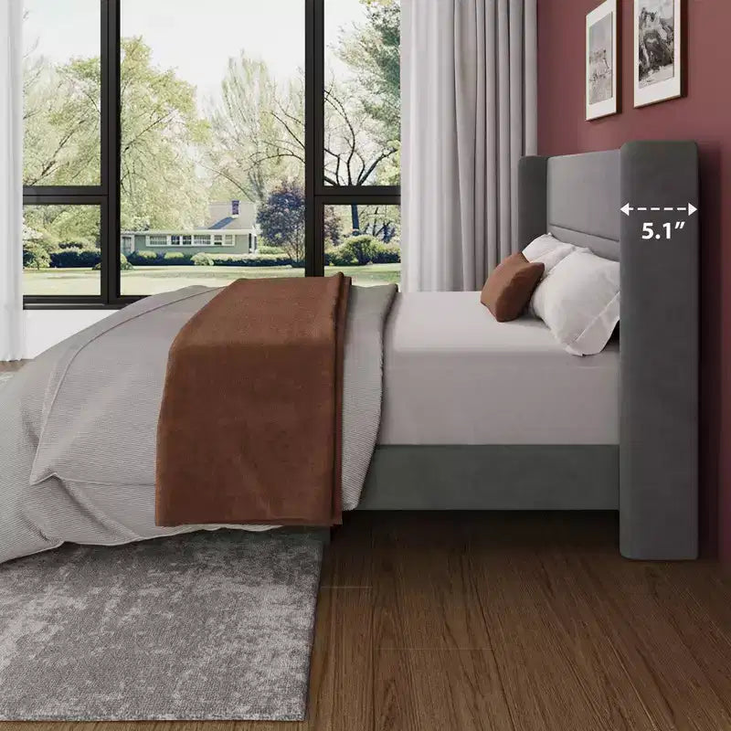 Struttura Letto a Piattaforma in Velluto con Testiera Trapuntata con Ali, Doghe in Legno, Nessun Box Spring Necessario