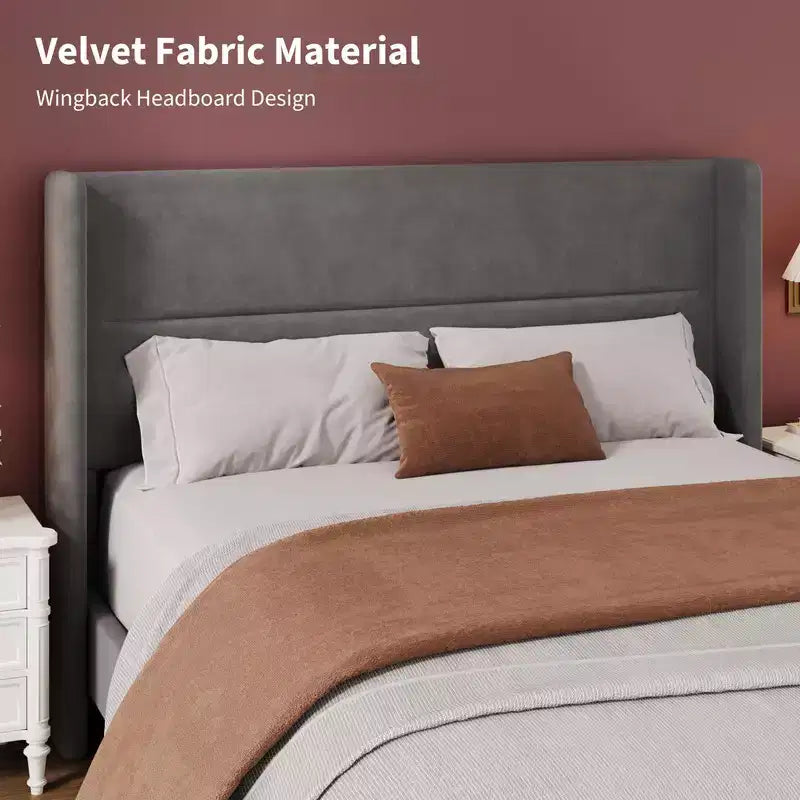 Struttura Letto a Piattaforma in Velluto con Testiera Trapuntata con Ali, Doghe in Legno, Nessun Box Spring Necessario