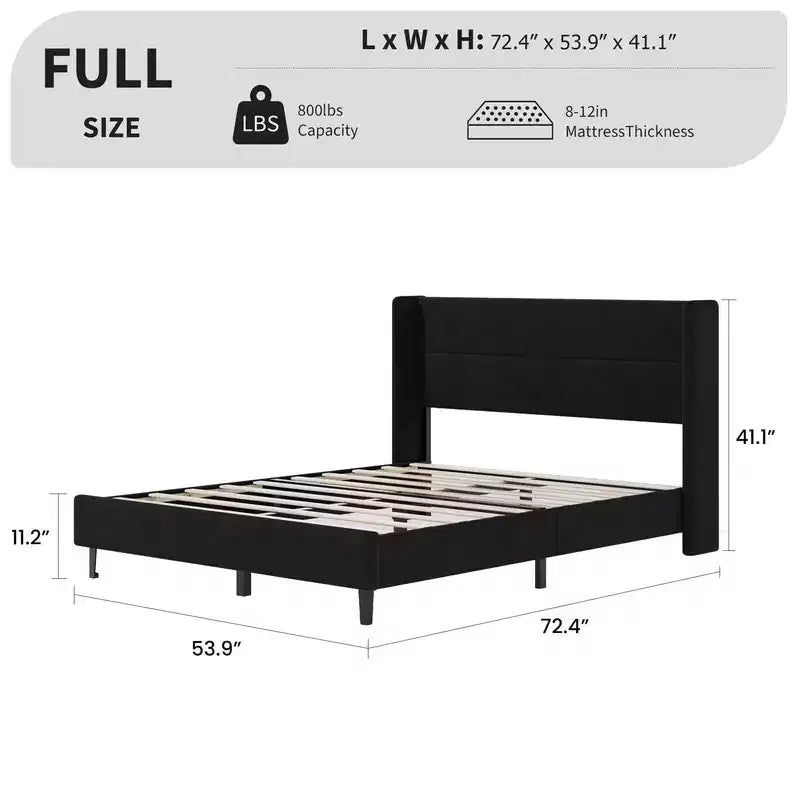 Struttura Letto a Piattaforma in Velluto con Testiera Trapuntata con Ali, Doghe in Legno, Nessun Box Spring Necessario