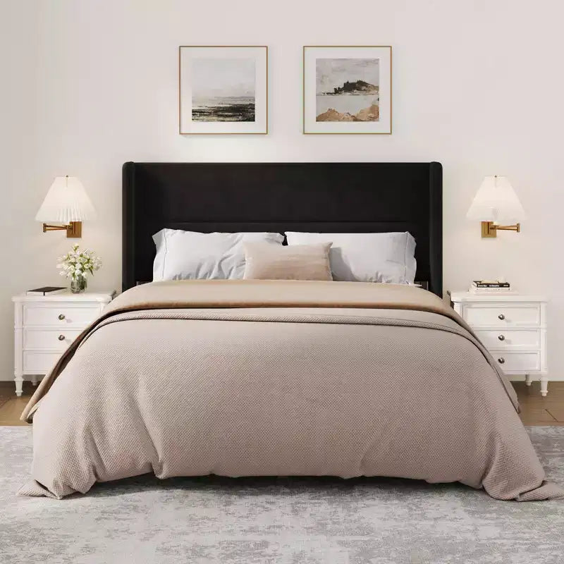 Struttura Letto a Piattaforma in Velluto con Testiera Trapuntata con Ali, Doghe in Legno, Nessun Box Spring Necessario