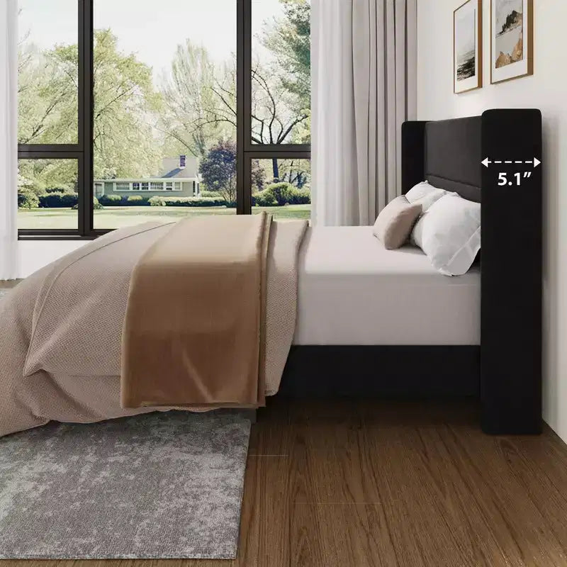 Struttura Letto a Piattaforma in Velluto con Testiera Trapuntata con Ali, Doghe in Legno, Nessun Box Spring Necessario