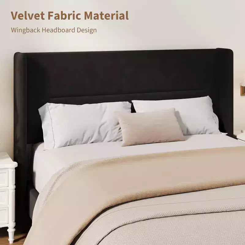 Struttura Letto a Piattaforma in Velluto con Testiera Trapuntata con Ali, Doghe in Legno, Nessun Box Spring Necessario