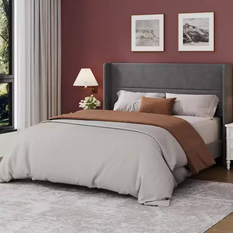 Struttura Letto a Piattaforma in Velluto con Testiera Trapuntata con Ali, Doghe in Legno, Nessun Box Spring Necessario