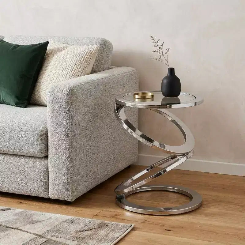 Tavolino rotondo con piedistallo in alluminio a spirale, astratto, in vetro trasparente e argento, da 17"