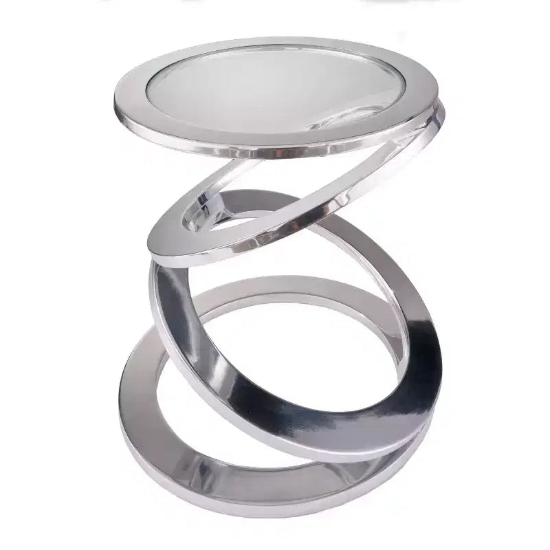 Tavolino rotondo con piedistallo in alluminio a spirale, astratto, in vetro trasparente e argento, da 17"
