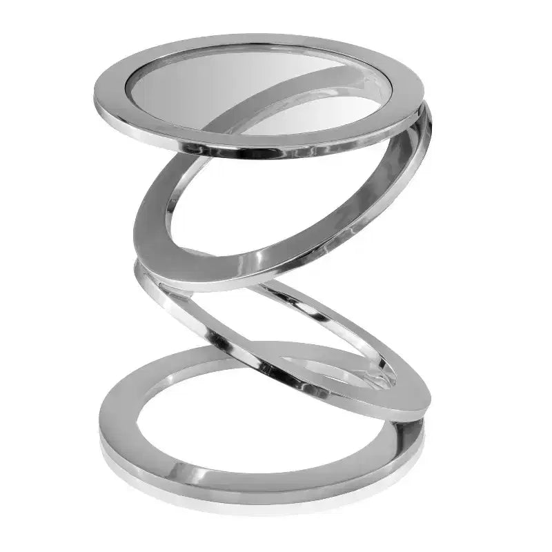 Tavolino rotondo con piedistallo in alluminio a spirale, astratto, in vetro trasparente e argento, da 17"
