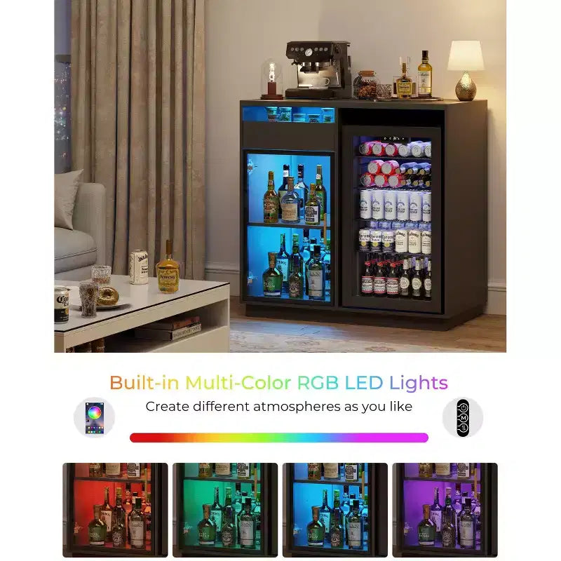 Mobile Caffetteria con Spazio per Frigo, Luci LED e Prese Elettriche, Mobile Bar con Vetrina e Ante in Vetro, Nero