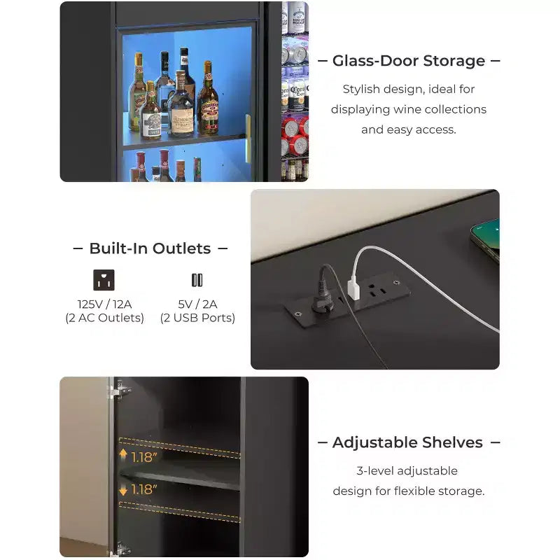 Mobile Caffetteria con Spazio per Frigo, Luci LED e Prese Elettriche, Mobile Bar con Vetrina e Ante in Vetro, Nero