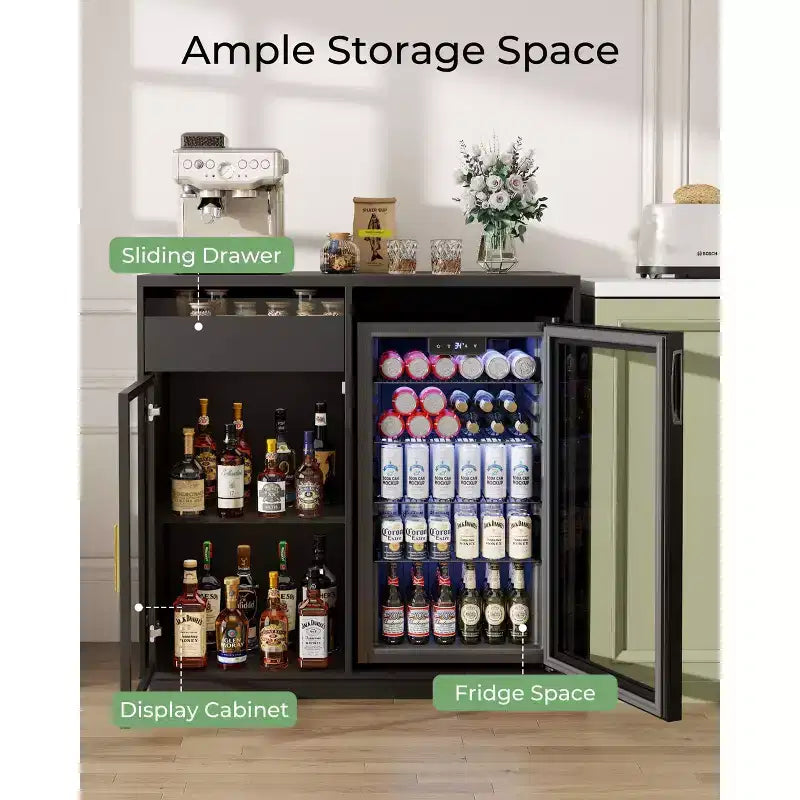Mobile Caffetteria con Spazio per Frigo, Luci LED e Prese Elettriche, Mobile Bar con Vetrina e Ante in Vetro, Nero