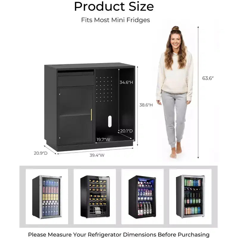 Mobile Caffetteria con Spazio per Frigo, Luci LED e Prese Elettriche, Mobile Bar con Vetrina e Ante in Vetro, Nero