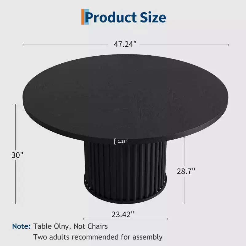Tavolo da pranzo rotondo da 120 cm per 4-6 persone, piano in MDF nero con base a piedistallo in metallo ondulato