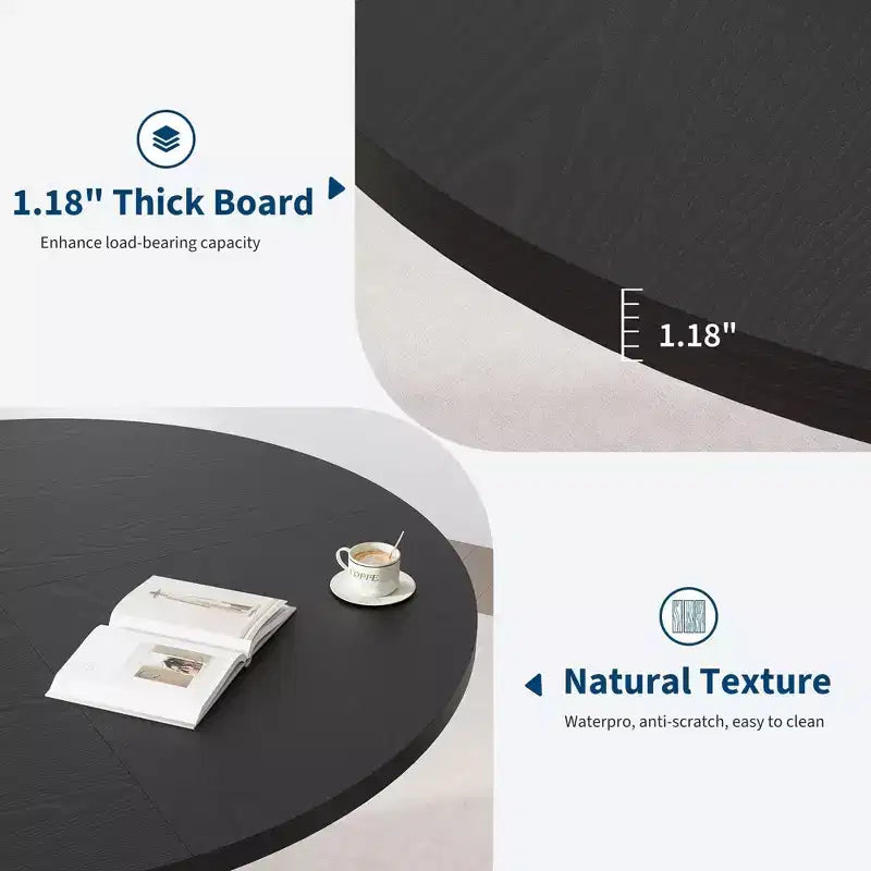 Tavolo da pranzo rotondo da 120 cm per 4-6 persone, piano in MDF nero con base a piedistallo in metallo ondulato