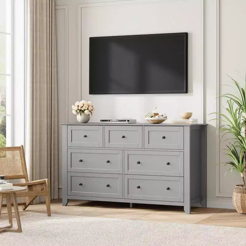 Cassettiera in legno a 7 cassetti con pomelli in metallo – Organizzatore per camera da letto e porta TV, 54"W