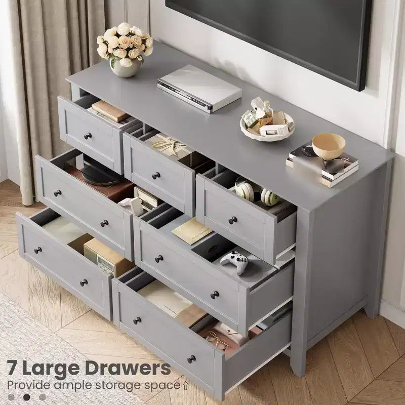 Cassettiera in legno a 7 cassetti con pomelli in metallo – Organizzatore per camera da letto e porta TV, 54"W
