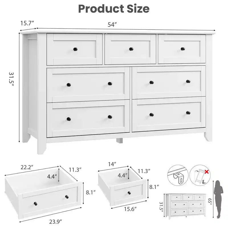 Cassettiera in legno a 7 cassetti con pomelli in metallo – Organizzatore per camera da letto e porta TV, 54"W
