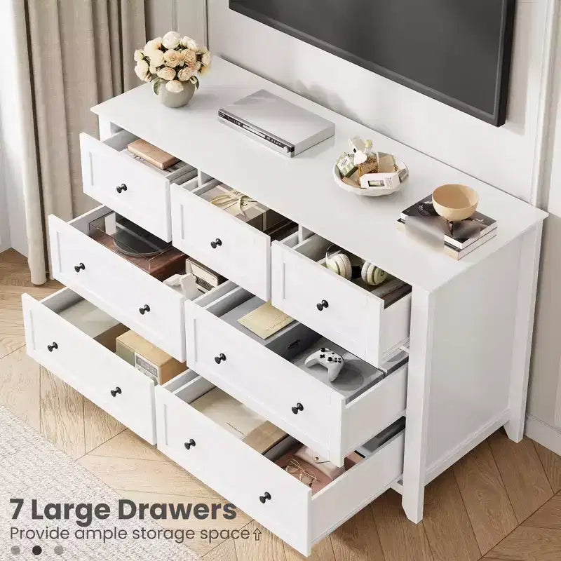 Cassettiera in legno a 7 cassetti con pomelli in metallo – Organizzatore per camera da letto e porta TV, 54"W
